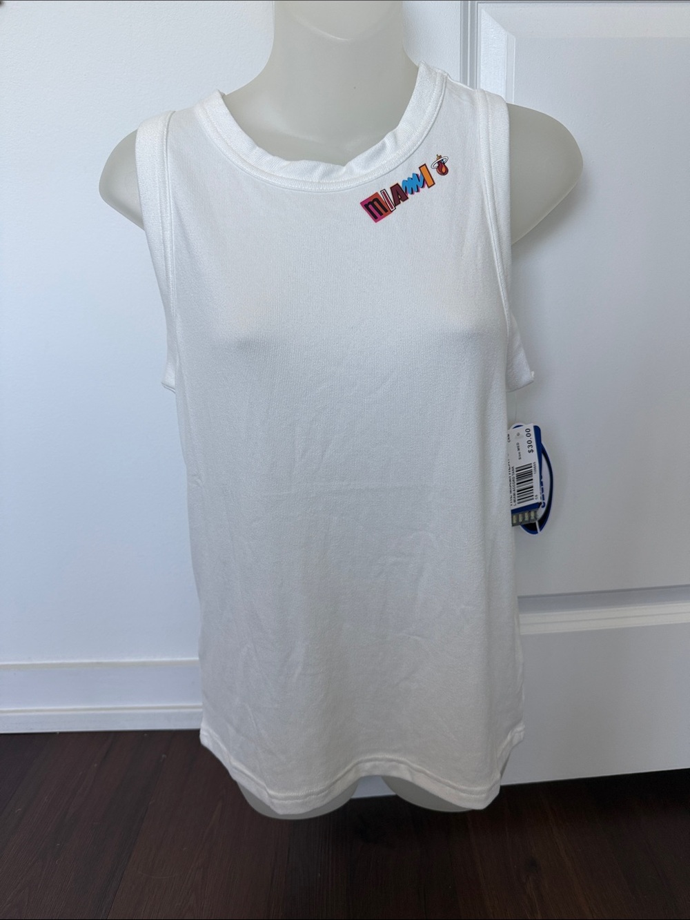 Soft White Sleeveless Tank Top with Colorful Miami Heat Logo - Size M
